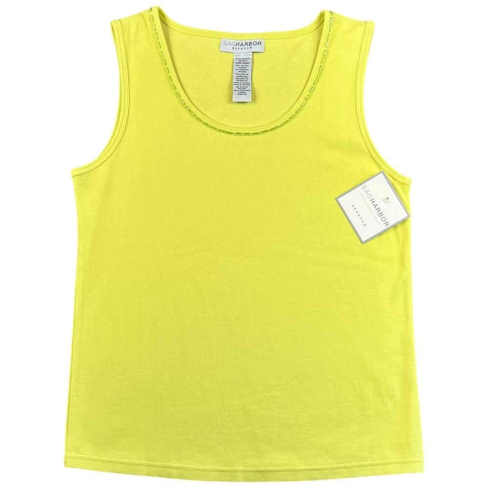 NWT Sag Harbor Stretch Tank Top Neon Lime Green Beaded Neck - L